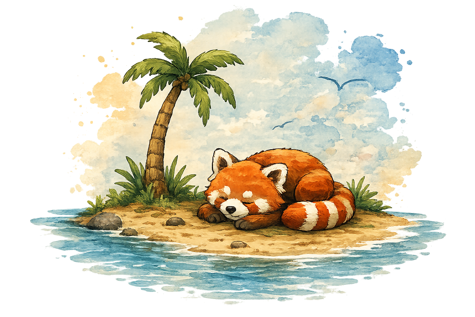 A red panda sleeping on a desert island.